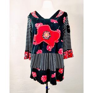 Handmade Womens Tunic Red Black Poppies Stripes Patches Stretch fits up to XXL